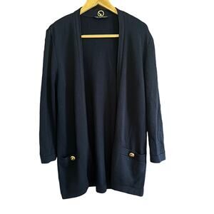 ST. JOHN | Santana Knit Navy Blue Long Cardigan with Gold & Enamel Buttons Sz M